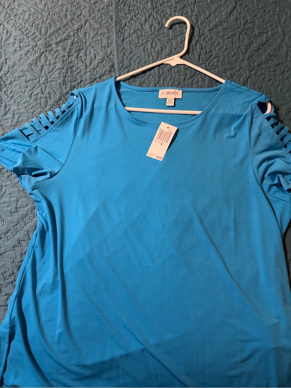Carmen Marc Valvo Teal Blue Cold-Shoulder Short Sleeve Top